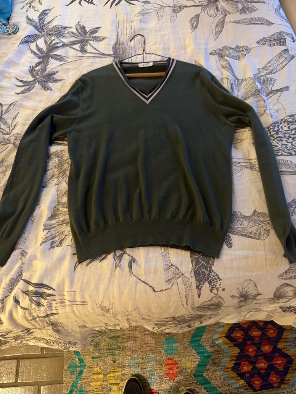 Hermes Men's V-Neck Olive Green Sweater with Contrast Trim